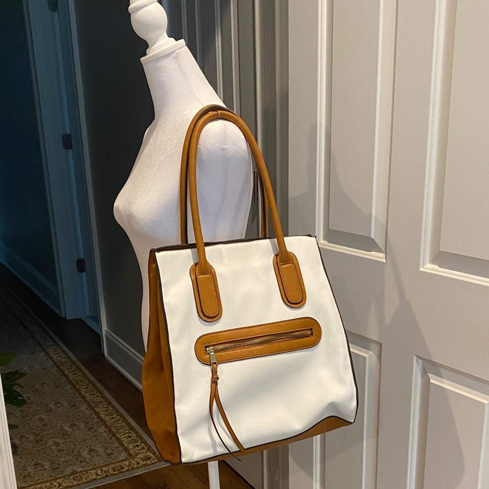 JustFab White and Tan Tote Bag